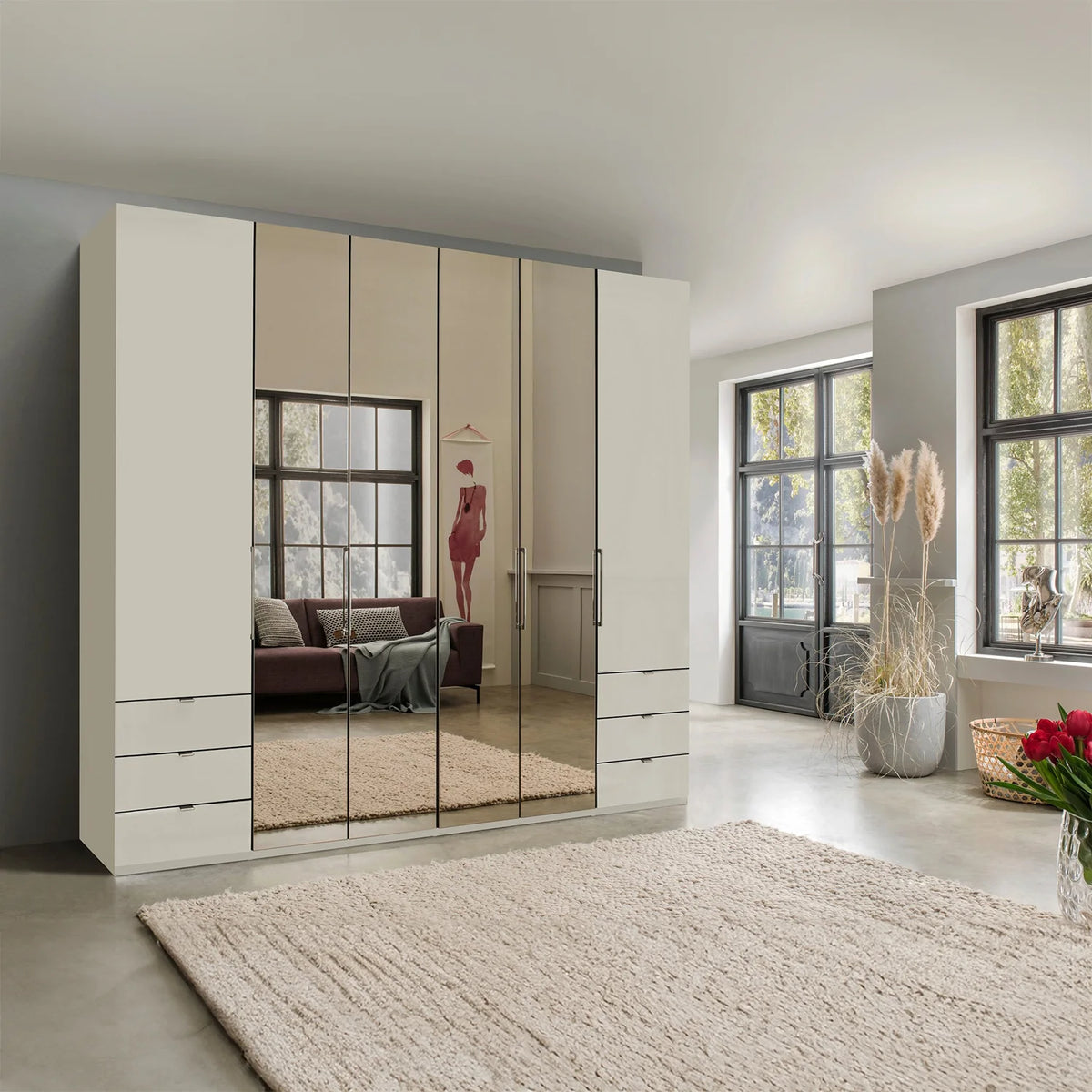 Wiemann Kansas Large 6 Door Champagne Wardrobe with Mirror - Pendle Village Furniture