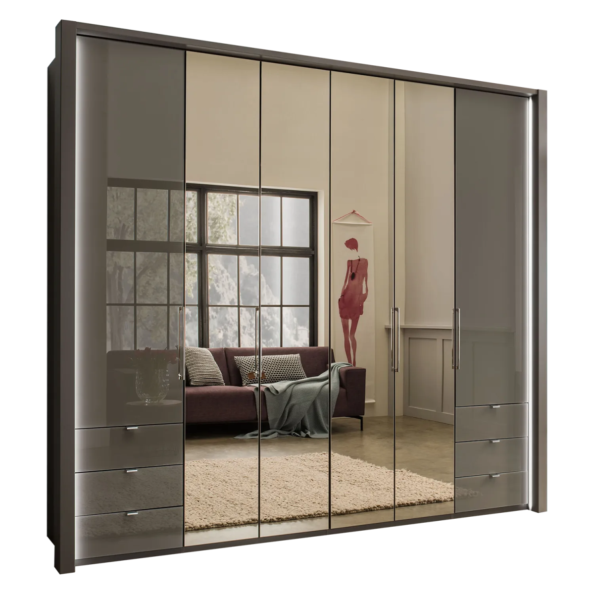 Wiemann Kansas Large 6 Door Havana Glass Wardrobe with Mirror & LED Light - Pendle Village Furniture