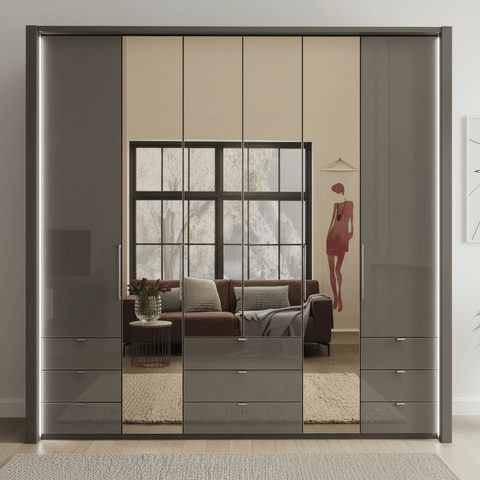 Wiemann Kansas Large 6 Door Havana Glass Wardrobe with Mirror & LED Light