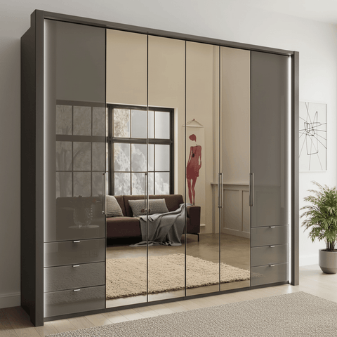 Wiemann Kansas Large 6 Door Havana Glass Wardrobe with Mirror & LED Light
