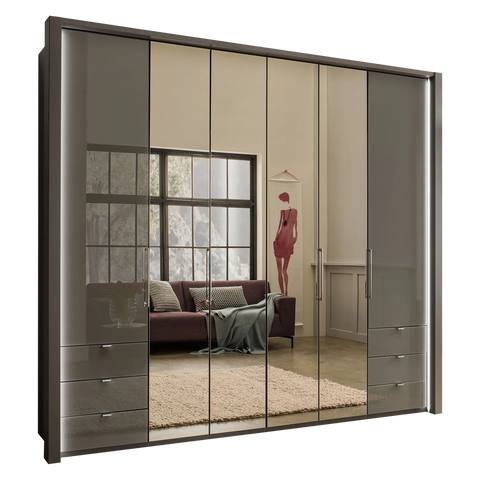 Wiemann Kansas Large 6 Door Havana Glass Wardrobe with Mirror & LED Light - Pendle Village Furniture