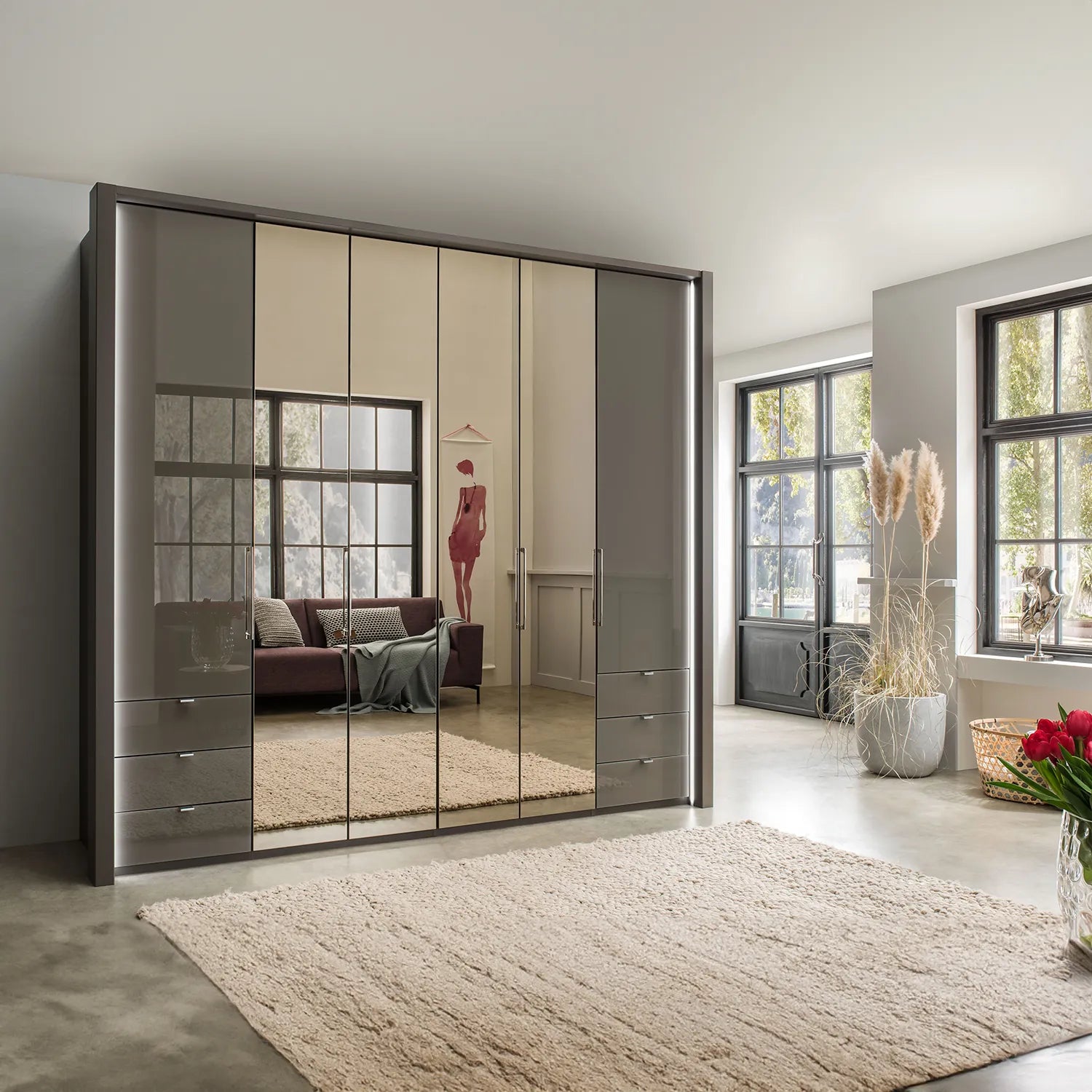 Wiemann Kansas Large 6 Door Havana Glass Wardrobe with Mirror & LED Light - Pendle Village Furniture