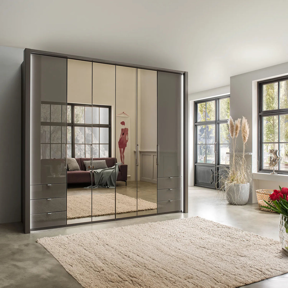 Wiemann Kansas Large 6 Door Havana Glass Wardrobe with Mirror & LED Light - Pendle Village Furniture