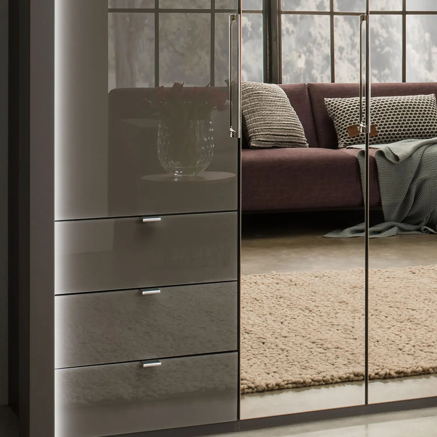 Wiemann Kansas Large 6 Door Havana Glass Wardrobe with Mirror & LED Light - Pendle Village Furniture