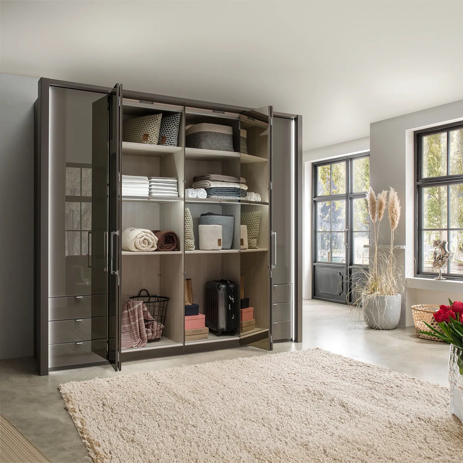 Wiemann Kansas Large 6 Door Havana Glass Wardrobe with Mirror & LED Light - Pendle Village Furniture