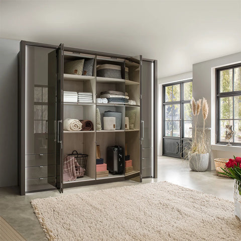 Wiemann Kansas Large 6 Door Havana Glass Wardrobe with Mirror & LED Light - Pendle Village Furniture