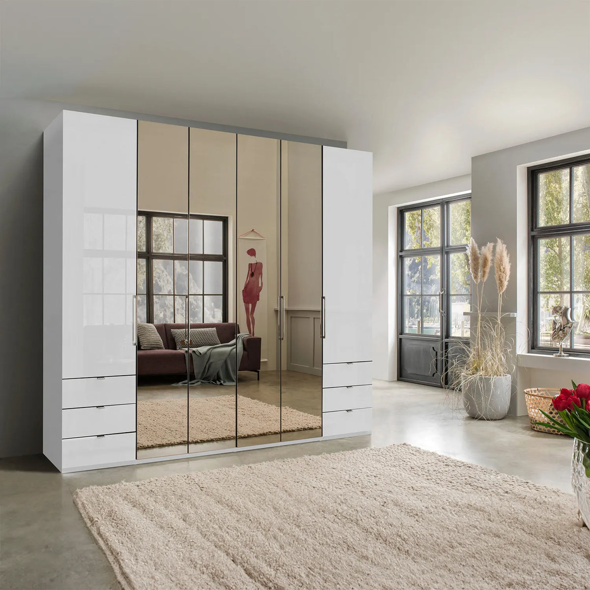 Wiemann Kansas Large 6 Door White Glass Wardrobe with Mirror - Pendle Village Furniture