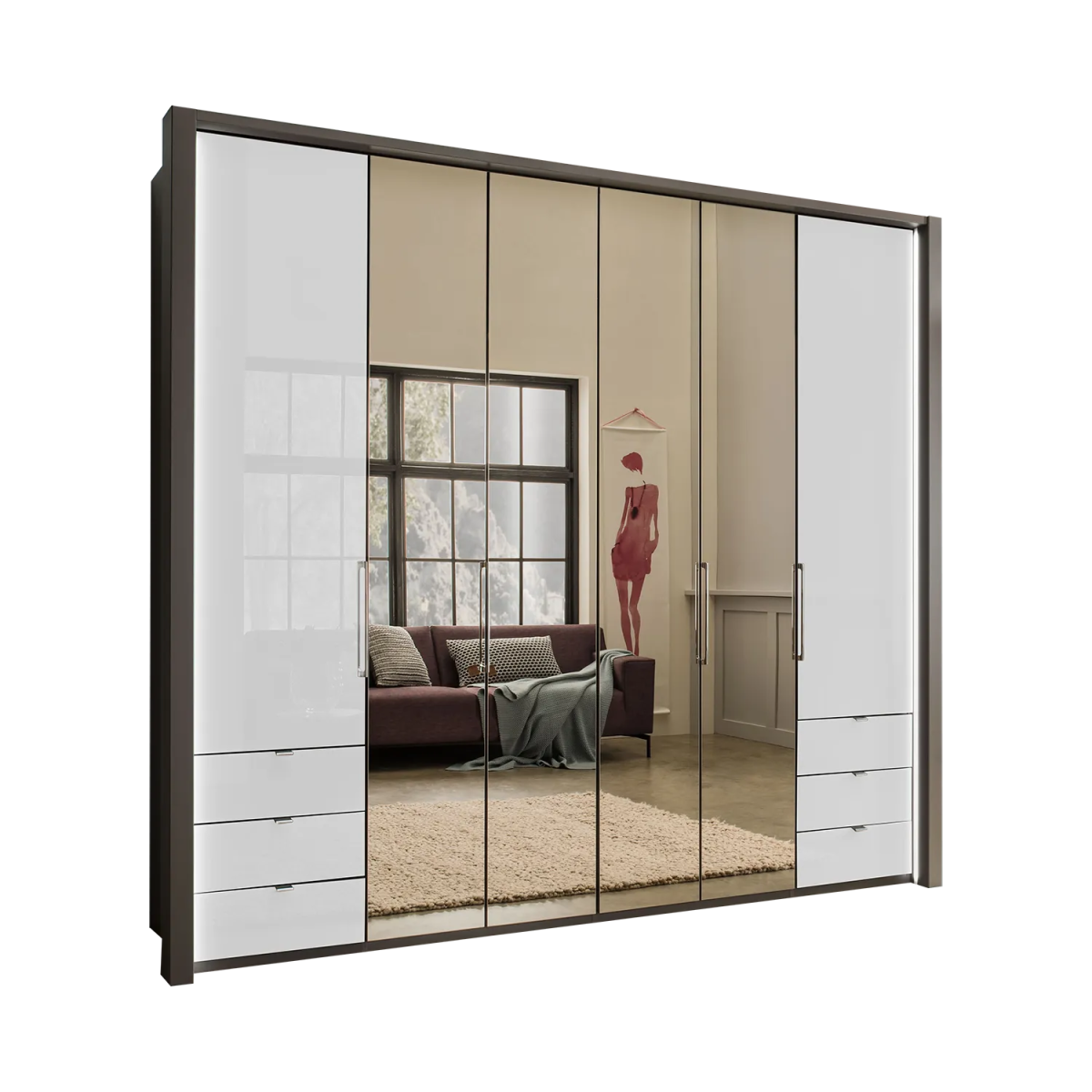 Wiemann Kansas Large 6 Door Havana Glass Wardrobe with Mirror & LED Light - Pendle Village Furniture