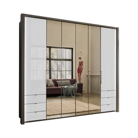 Wiemann Kansas Large 6 Door Havana Glass Wardrobe with Mirror & LED Light - Pendle Village Furniture