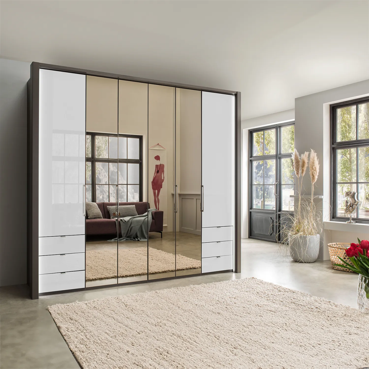 Wiemann Kansas Large 6 Door Havana Glass Wardrobe with Mirror & LED Light - Pendle Village Furniture