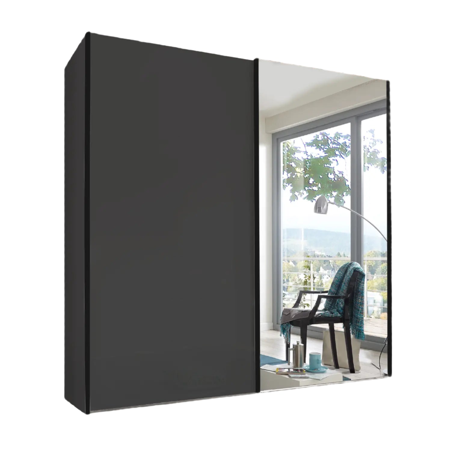 Wiemann Houston 200cm Graphite Glass & Mirror Front 2 Door Sliding Wardrobe -Decore Finish with slate door handles