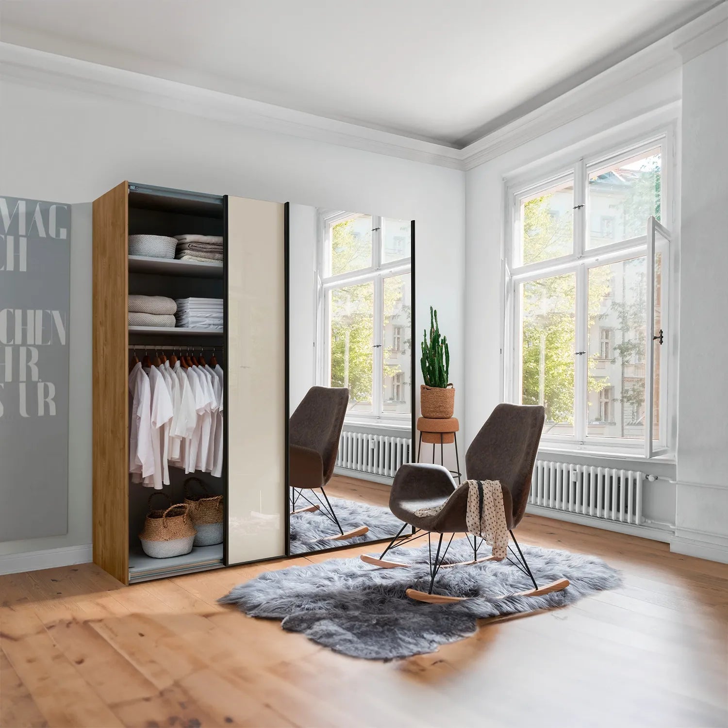 Monaco 3000 Bianco Oak Champagne 2 Door Sliding Wardrobe with Mirror - Pendle Village Furniture