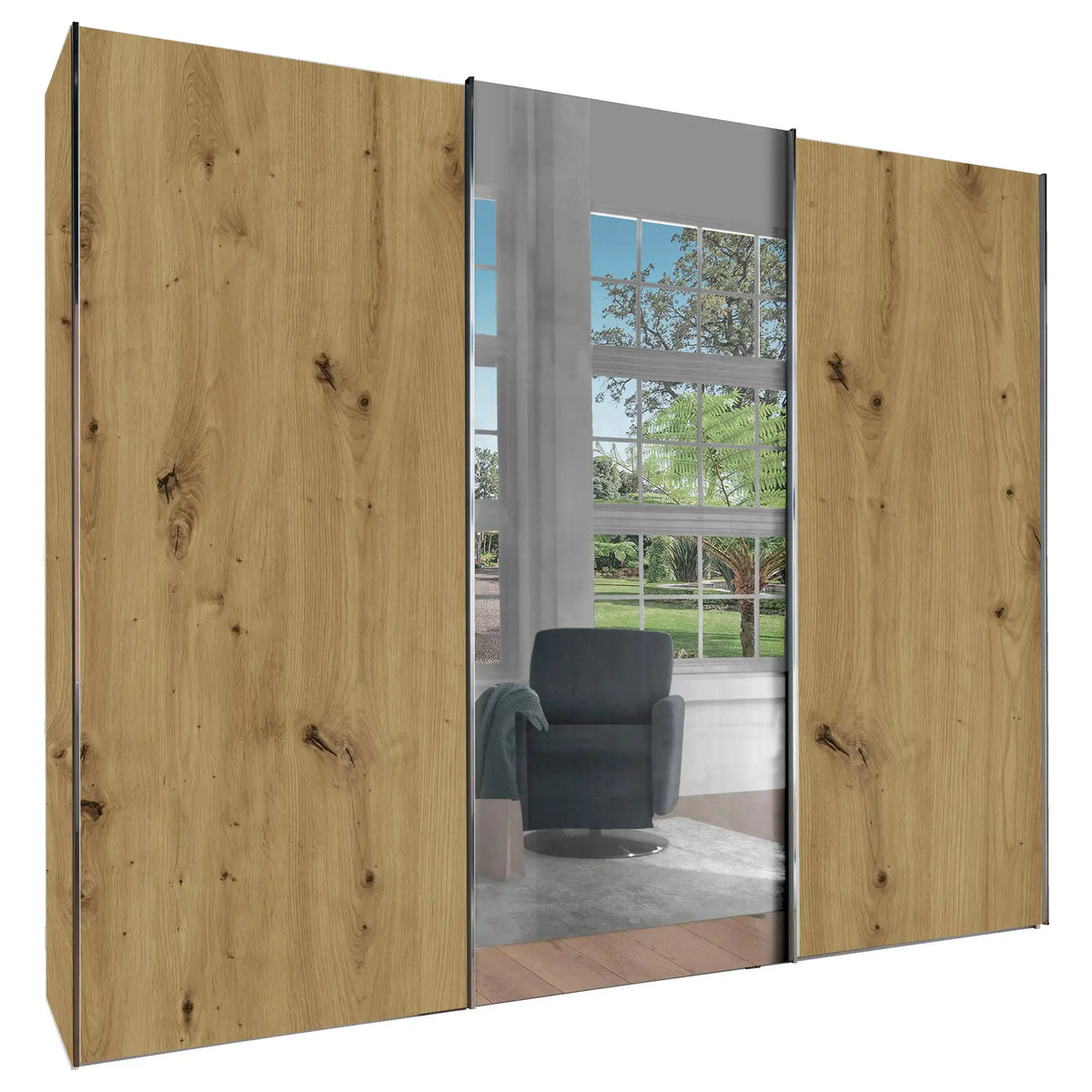 Monroe Bianco Oak 3 Door Sliding Wardrobe with Mirror, Available in 4 width sizes 225, 250, 280, 300 and 2 Height sizes 217 and 236-Main Image