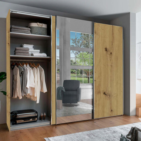 Monroe Bianco Oak 3 Door Sliding Wardrobe with Mirror, Available in 4 width sizes 225, 250, 280, 300 and 2 Height sizes 217 and 236-Open Door Lifestyle Image