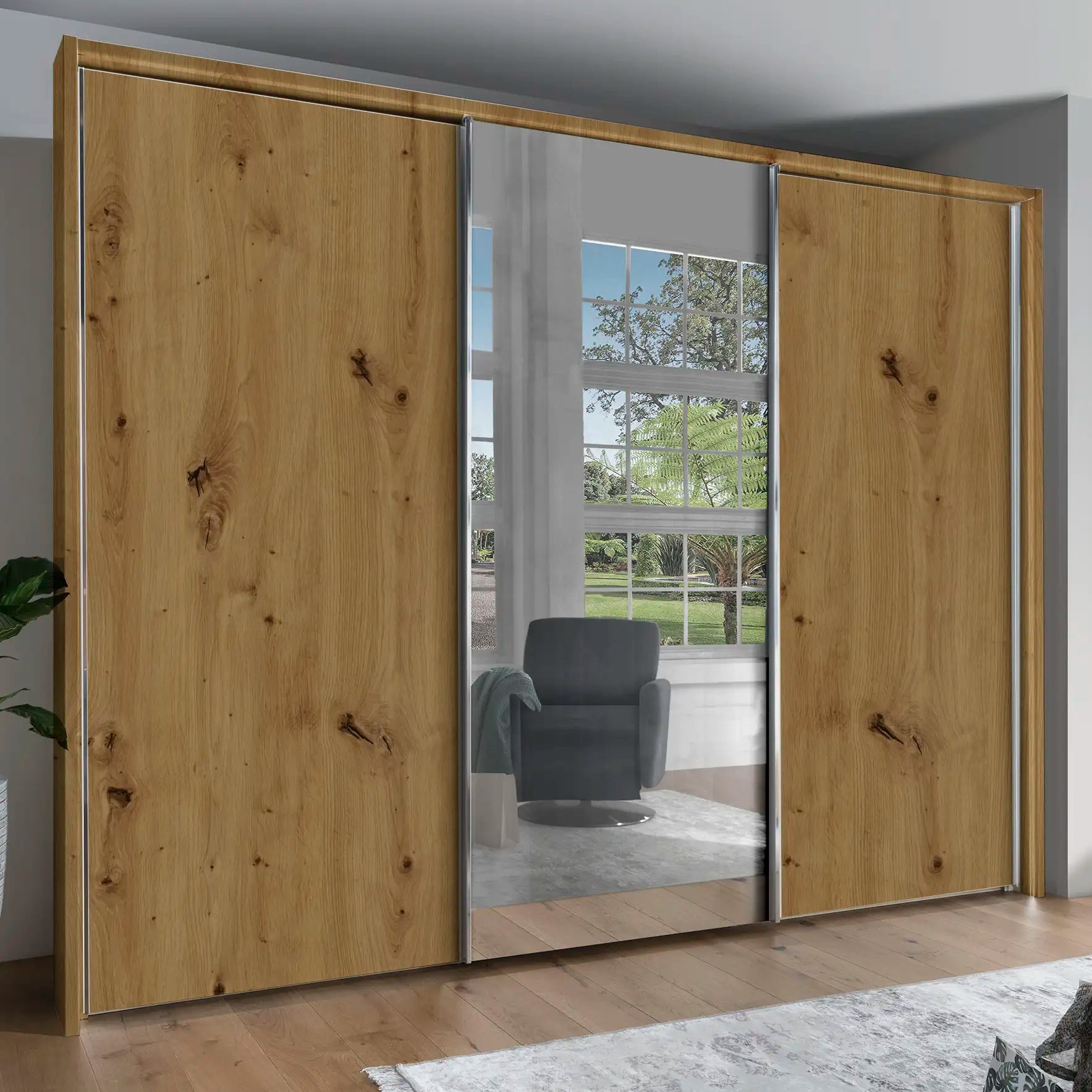 Monroe Bianco Oak 3 Door Sliding Wardrobe with Mirror, Available in 4 width sizes 225, 250, 280, 300 and 2 Height sizes 217 and 236-Closed door Lifestyle Image