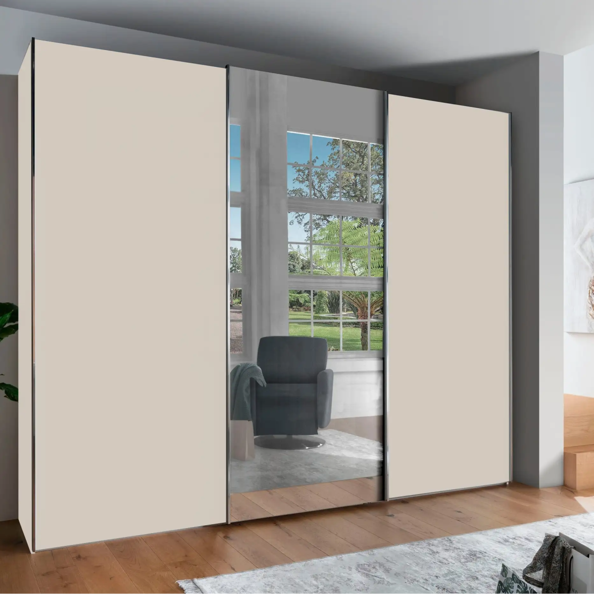 Monaco 3000 Champagne Decor Large Sliding Door Wardrobe with Mirror - Pendle Village Furniture