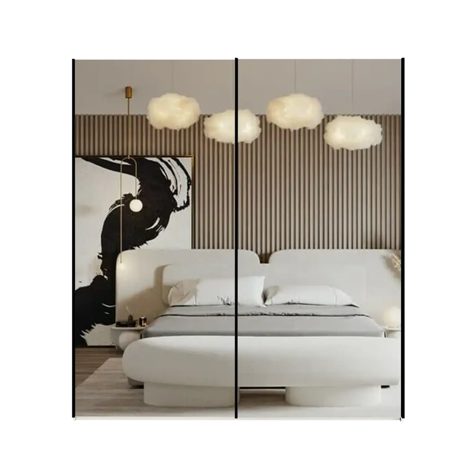 Wiemann Oxford 150cm Full Mirror Sliding Wardrobe, also available in 200cm - Front View of Wardrobe with Slate Handles 