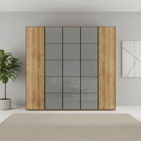 Zenith 250cm Bianco Oak with Havana Glass 5 Door Hinged Wardrobe