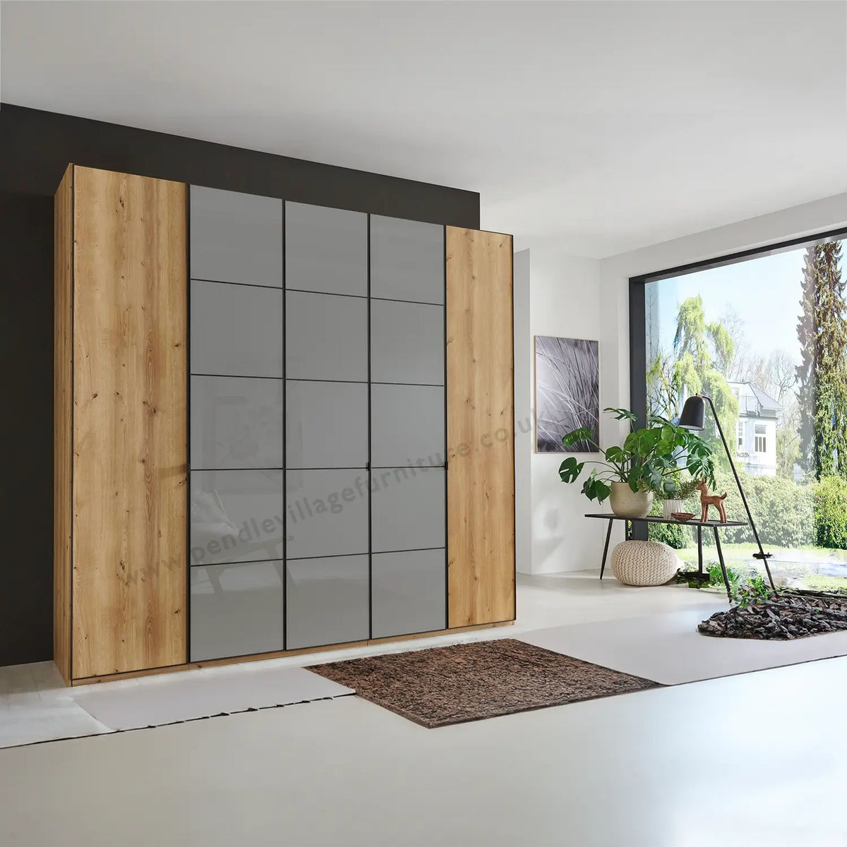 Zenith 250cm Bianco Oak with Havana Glass 5 Door Hinged Wardrobe - Pendle Village Furniture