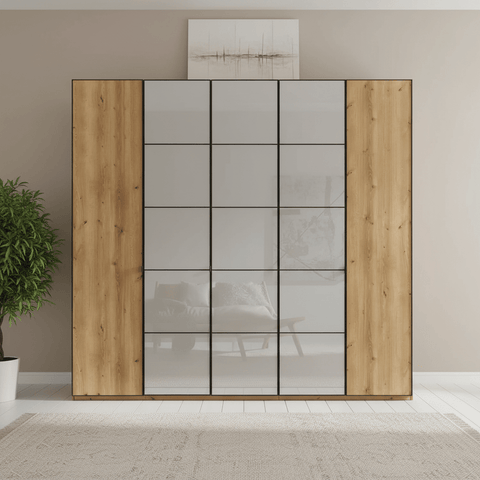 Zenith 250cm Bianco Oak with Pebble Grey Glass 5 Door Hinged Wardrobe