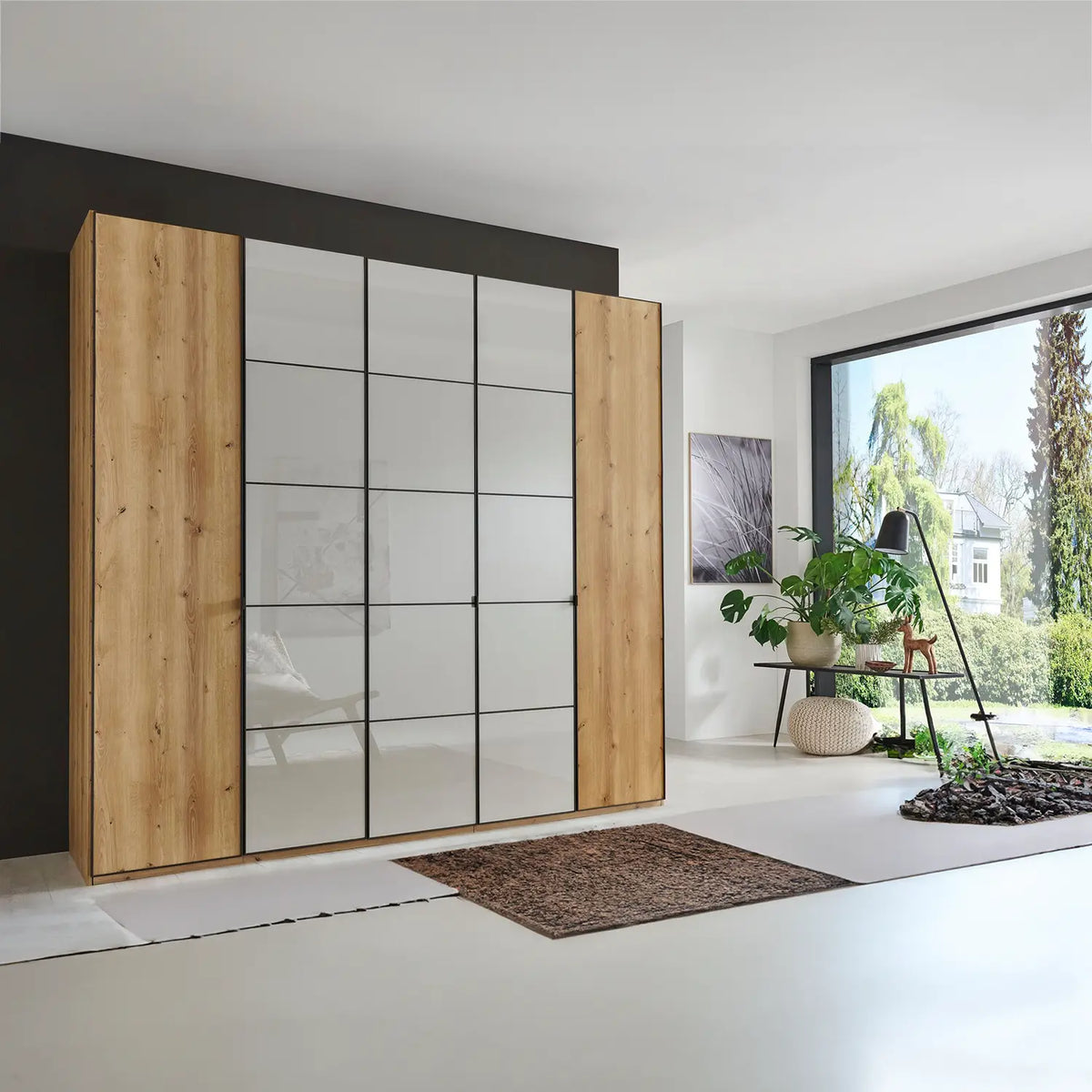 Zenith 250cm Bianco Oak with Pebble Grey Glass 5 Door Hinged Wardrobe - Pendle Village Furniture