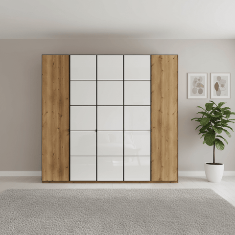Zenith 250cm Bianco Oak with White Glass 5 Door Hinged Wardrobe