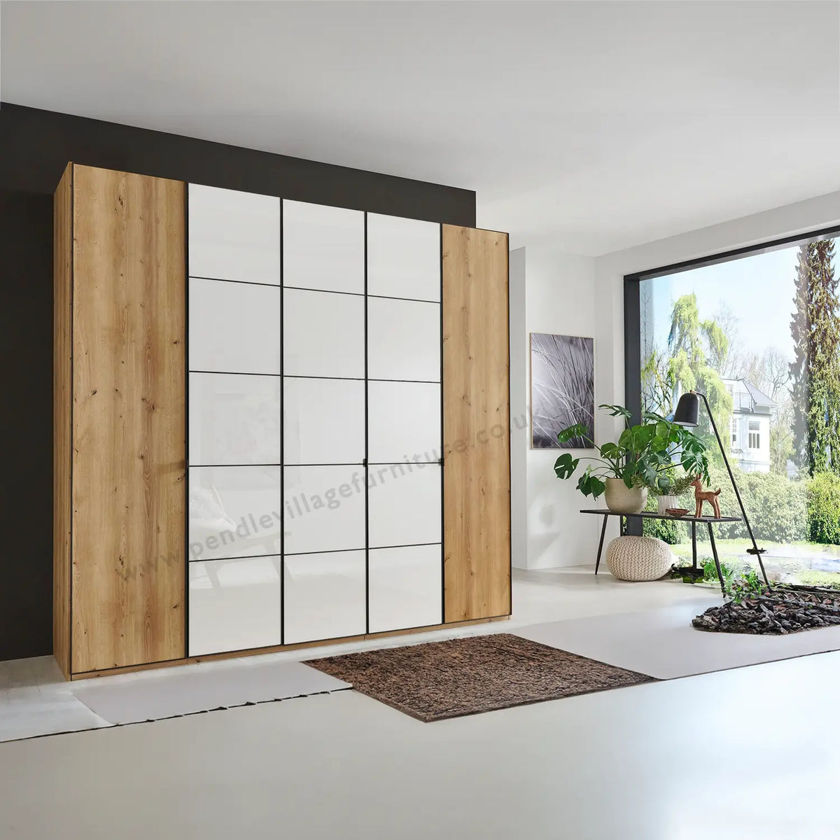 Zenith 250cm Bianco Oak with White Glass 5 Door Hinged Wardrobe - Pendle Village Furniture