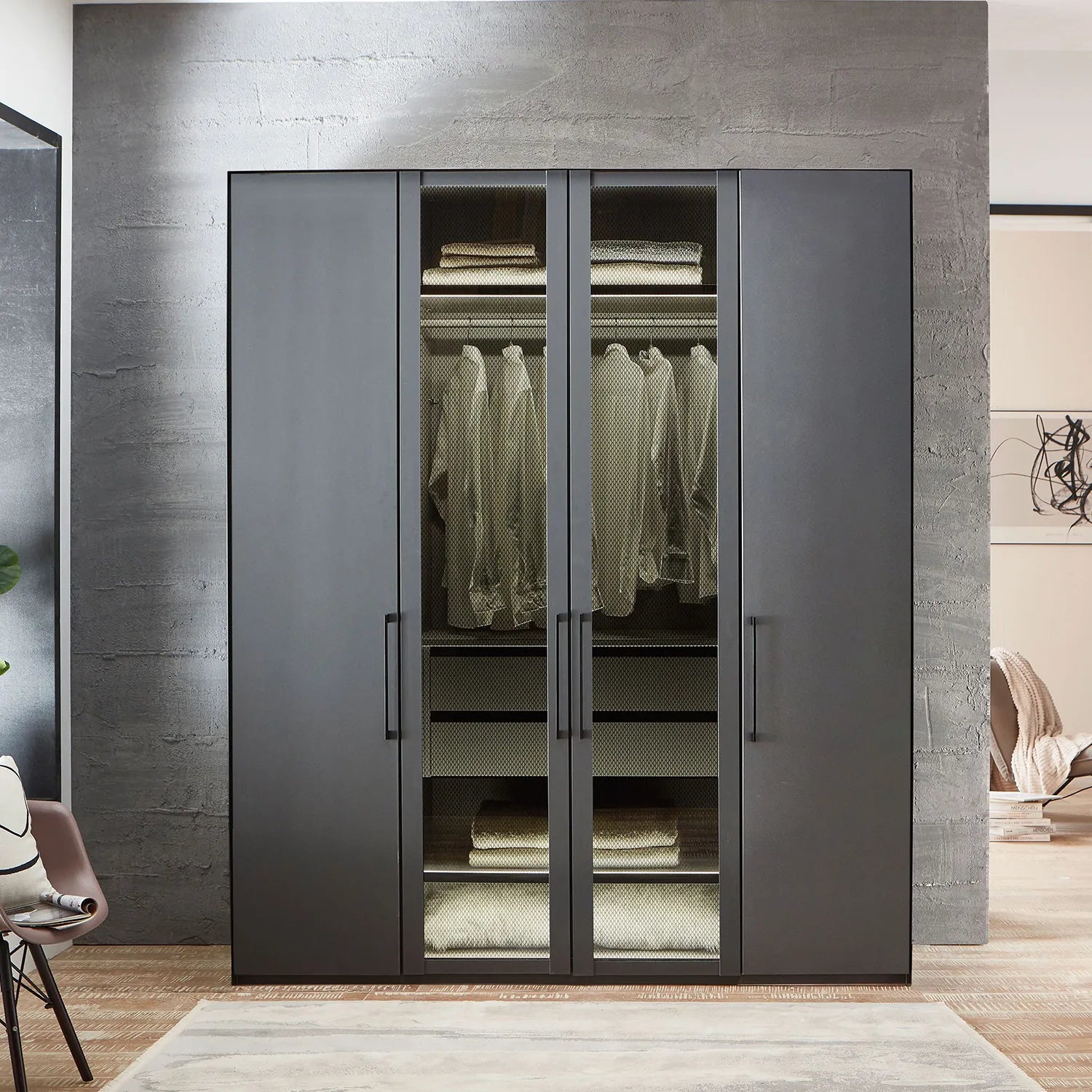Wiemann Stylo 4 Door 200cm Wardrobe – Graphite & Glass Front