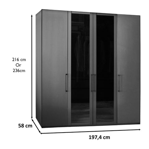 Wiemann Stylo 4 Door 200cm Wardrobe – Graphite & Glass Front