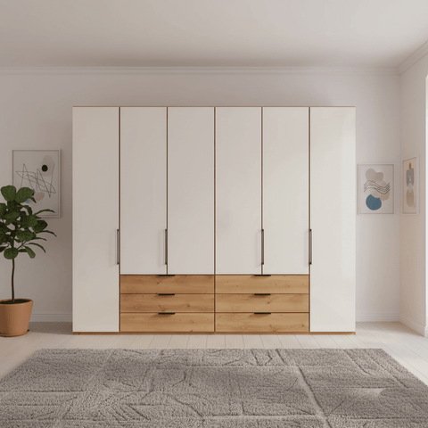Templin 1000 Bianco Oak Carcase 6 Door 6 Drawer Hinged Wardrobe W250cm