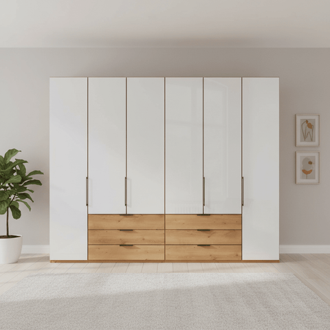 Templin 1000 Bianco Oak Carcase 6 Door 6 Drawer Hinged Wardrobe W300cm