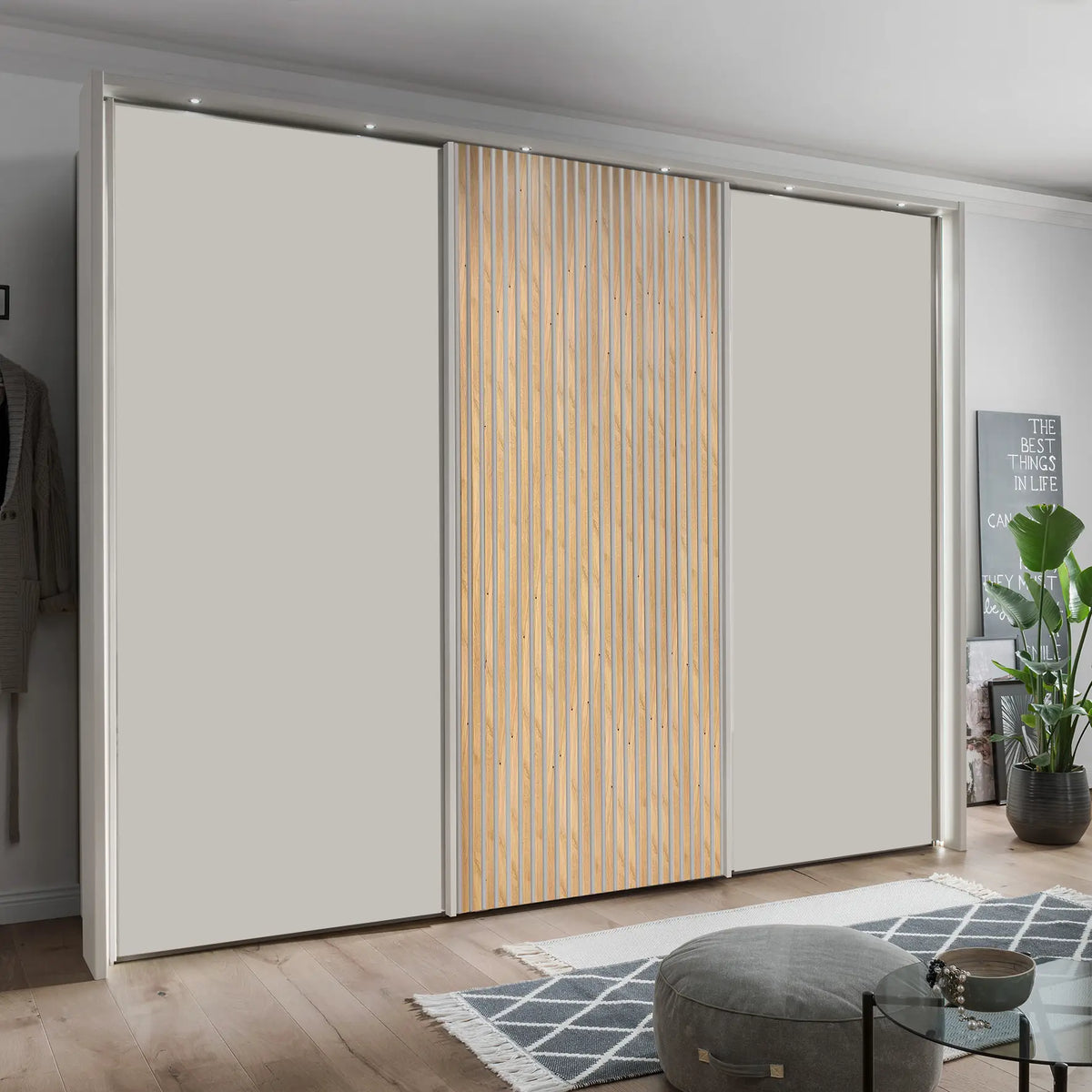 Tulsa 3 Door Decor Champagne Sliding Door Wardrobe with Oak Decking - Pendle Village Furniture