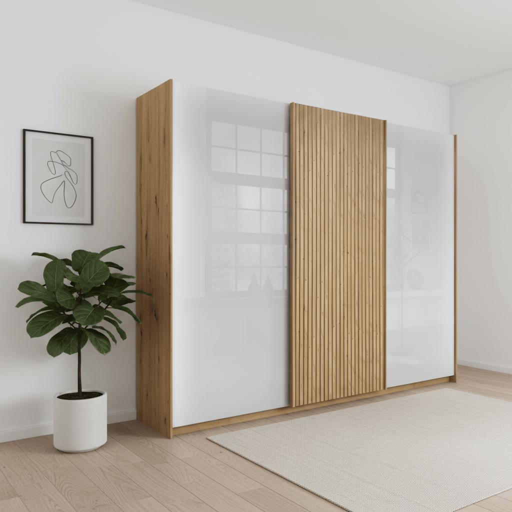 Tulsa 3 Door White Glass Sliding Door Wardrobe with Oak Decking