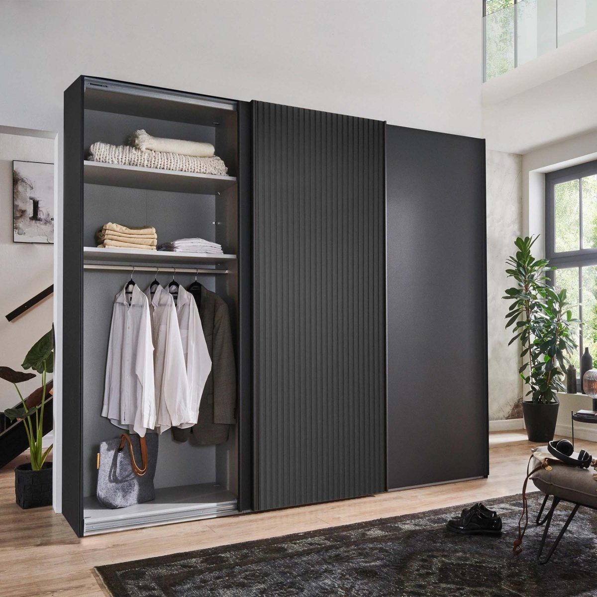 Tulsa Graphite Large 3 Door Wardrobe With Mirror and Decking Door - Pendle Village Furniture