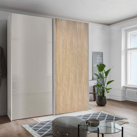 Tulsa Champagne Glass Double Sliding Wardrobe with Binaco Oak Strips on Door - 001