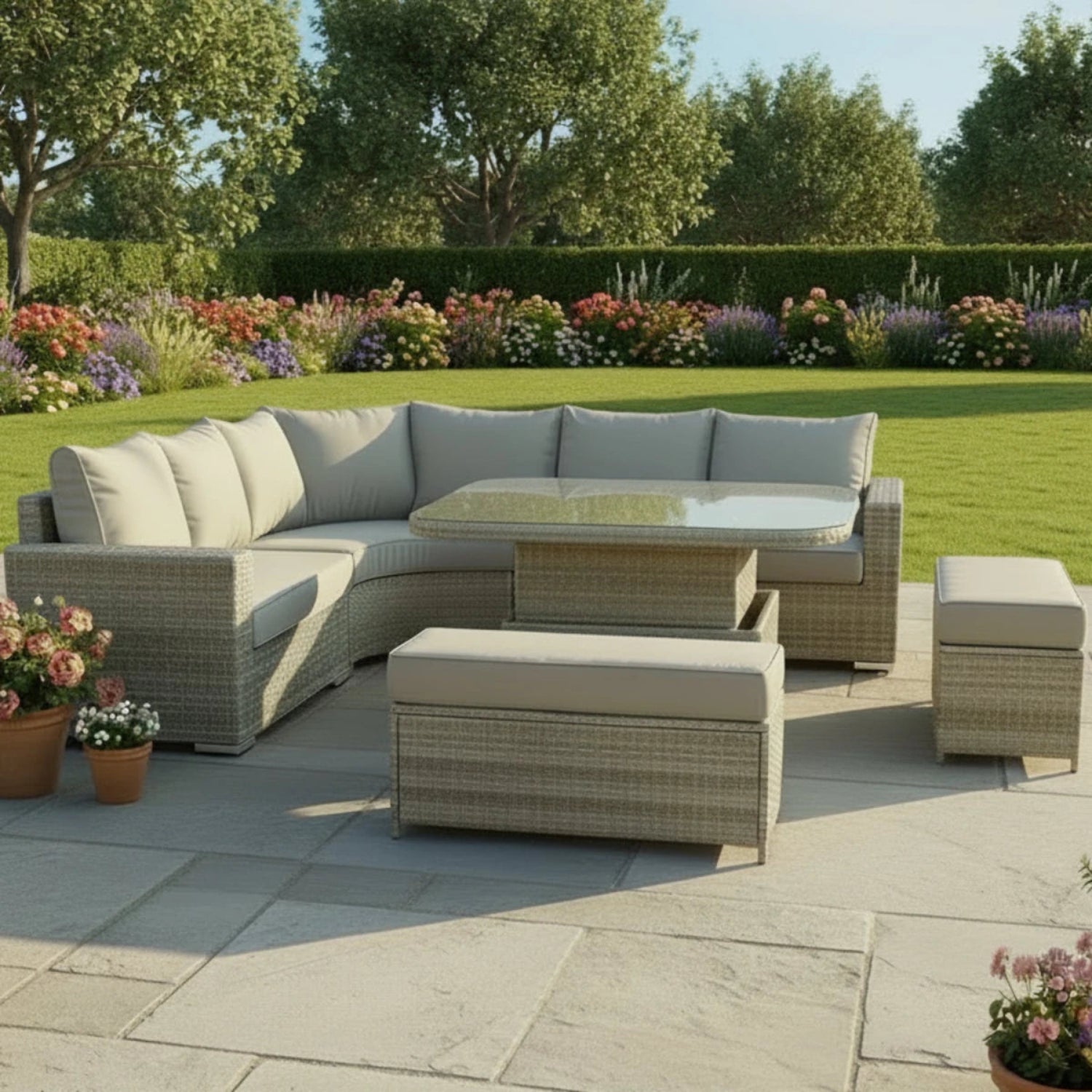 Stylish outdoor U-corner sofa set with deep cushions.