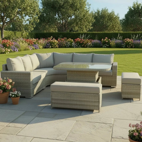 Stylish outdoor U-corner sofa set with deep cushions.