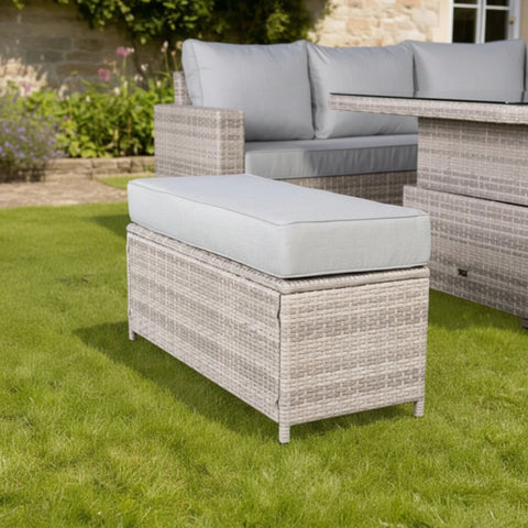 Soft cushioned stool with comfortable outdoor fabric top.