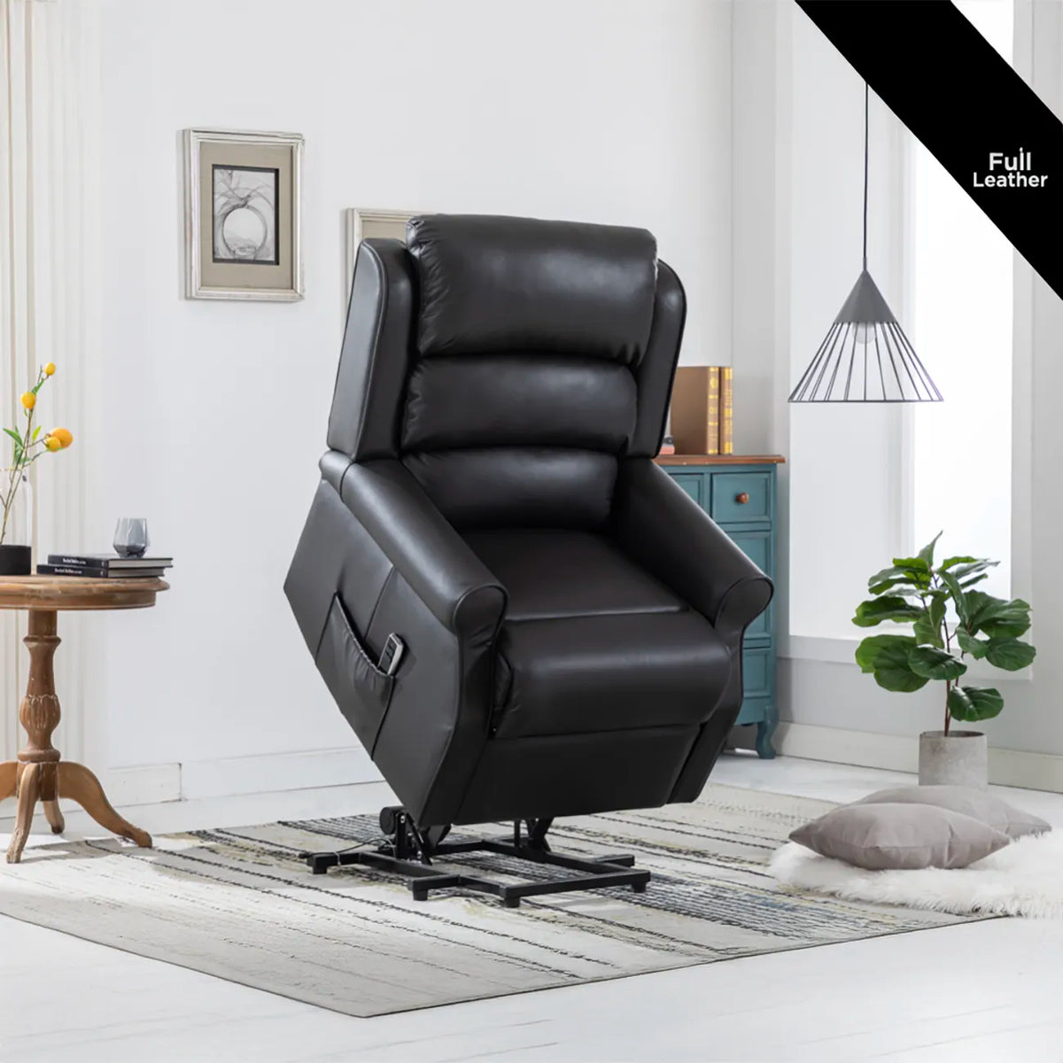 Windsor Black Leather Lift & Tilt Recliner (Dual Motor) - Pendle Village Furniture