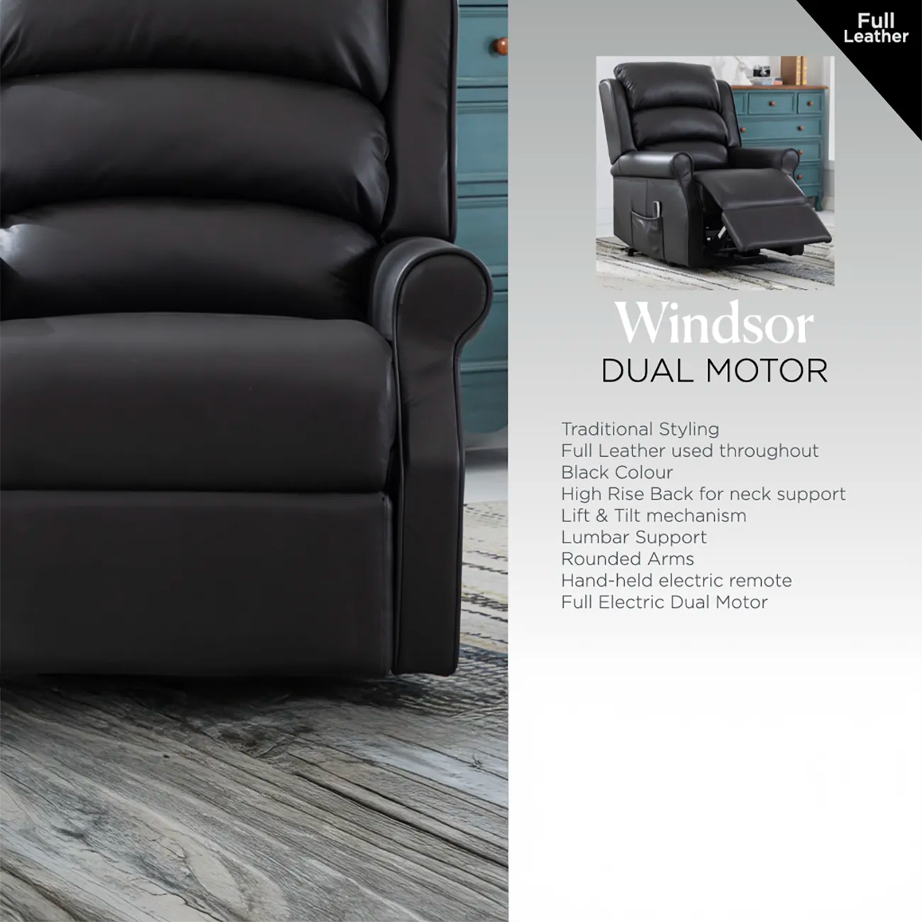 Windsor Black Leather Lift & Tilt Recliner (Dual Motor)