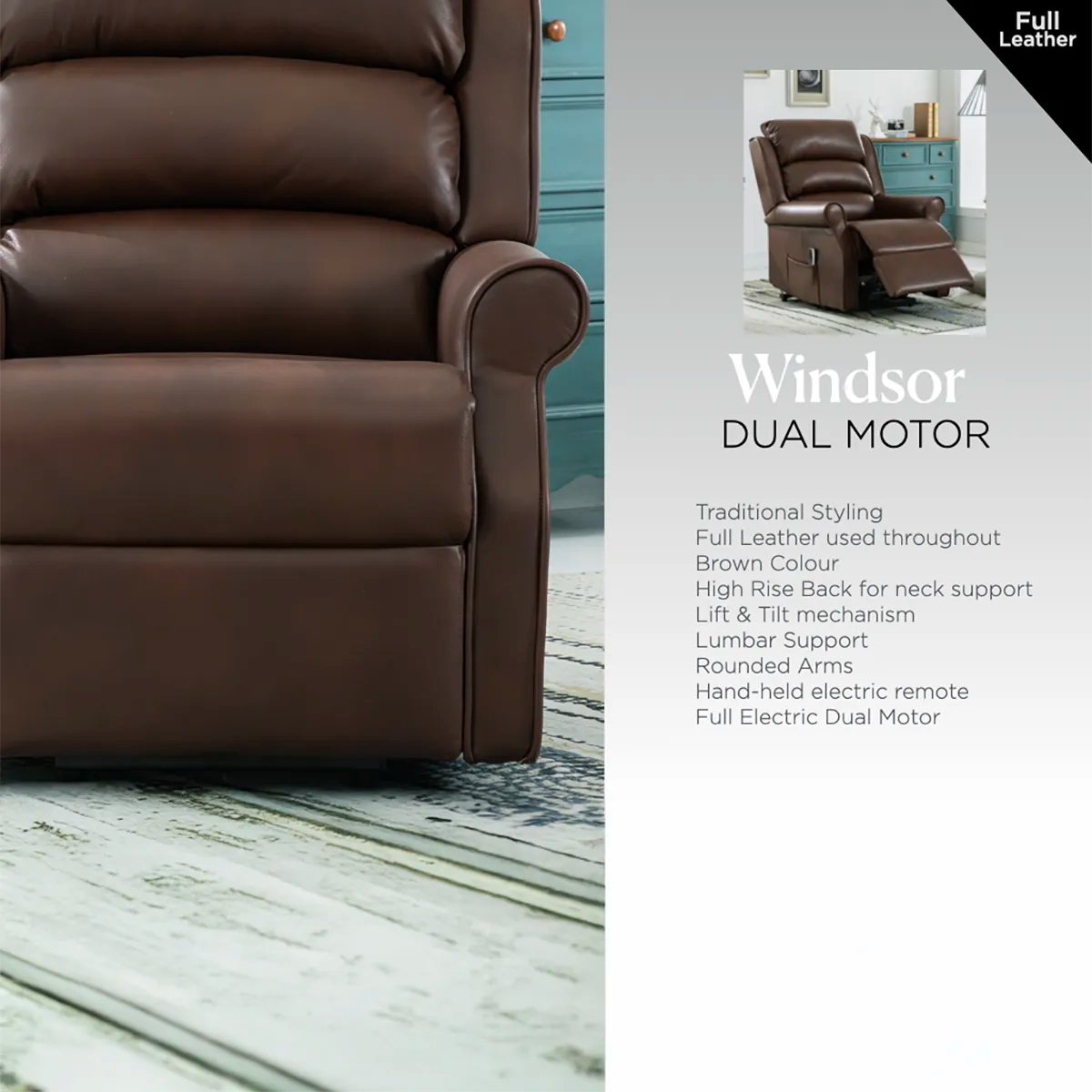 Windsor Brown Leather Lift & Tilt Recliner (Dual Motor)