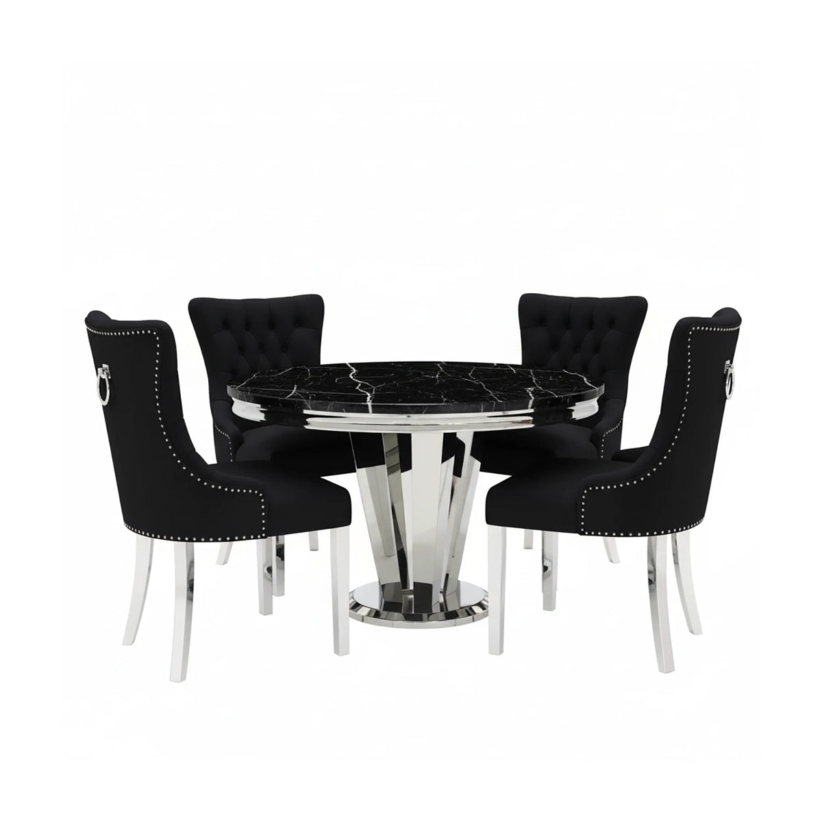 Winsor Round Black Marble Dining Table with 4 Winsor Velvet Knockerback Chairs - Pendle Village Furniture