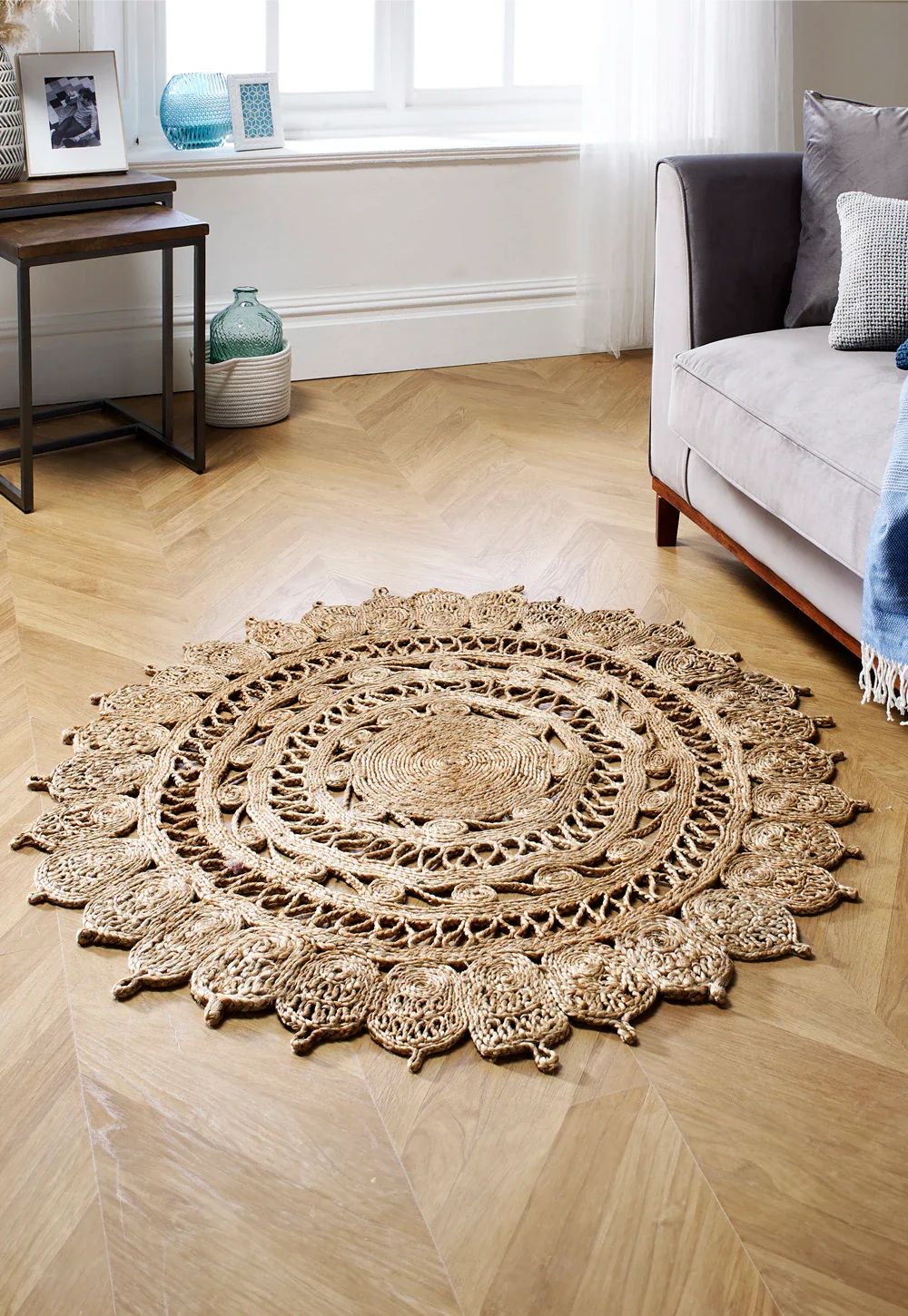 Zarla Natural Jute Round Rug, 120cmx120cm - Also available in Black - Lifestyle Image