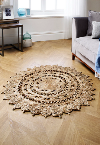 Zarla Natural Jute Round Rug, 120cmx120cm - Also available in Black - Lifestyle Image