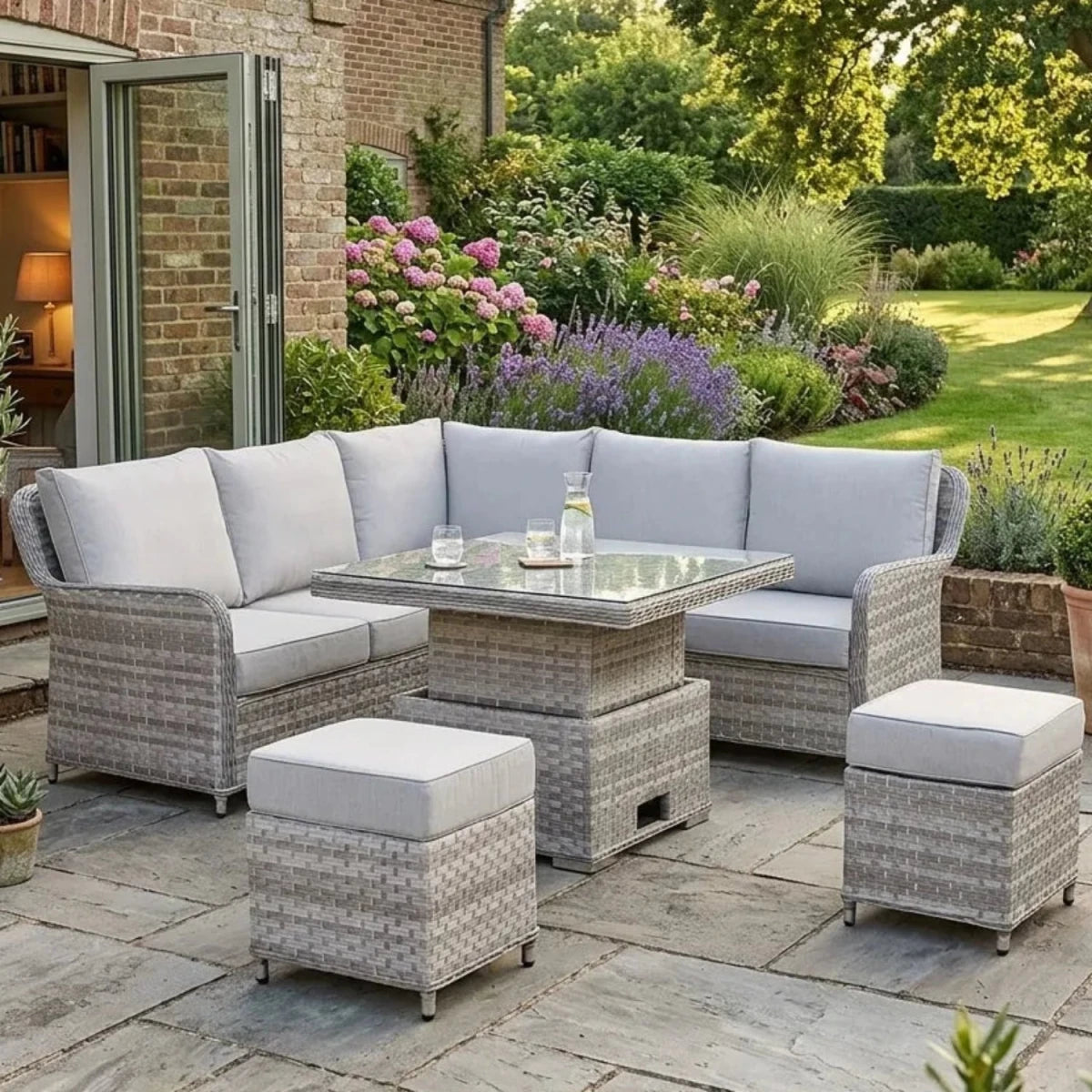 Stylish corner patio seating set with contemporary design.