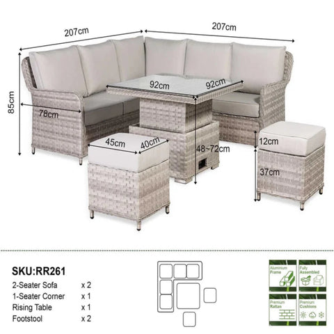 Full measurement reference for corner sofa and rising table set.