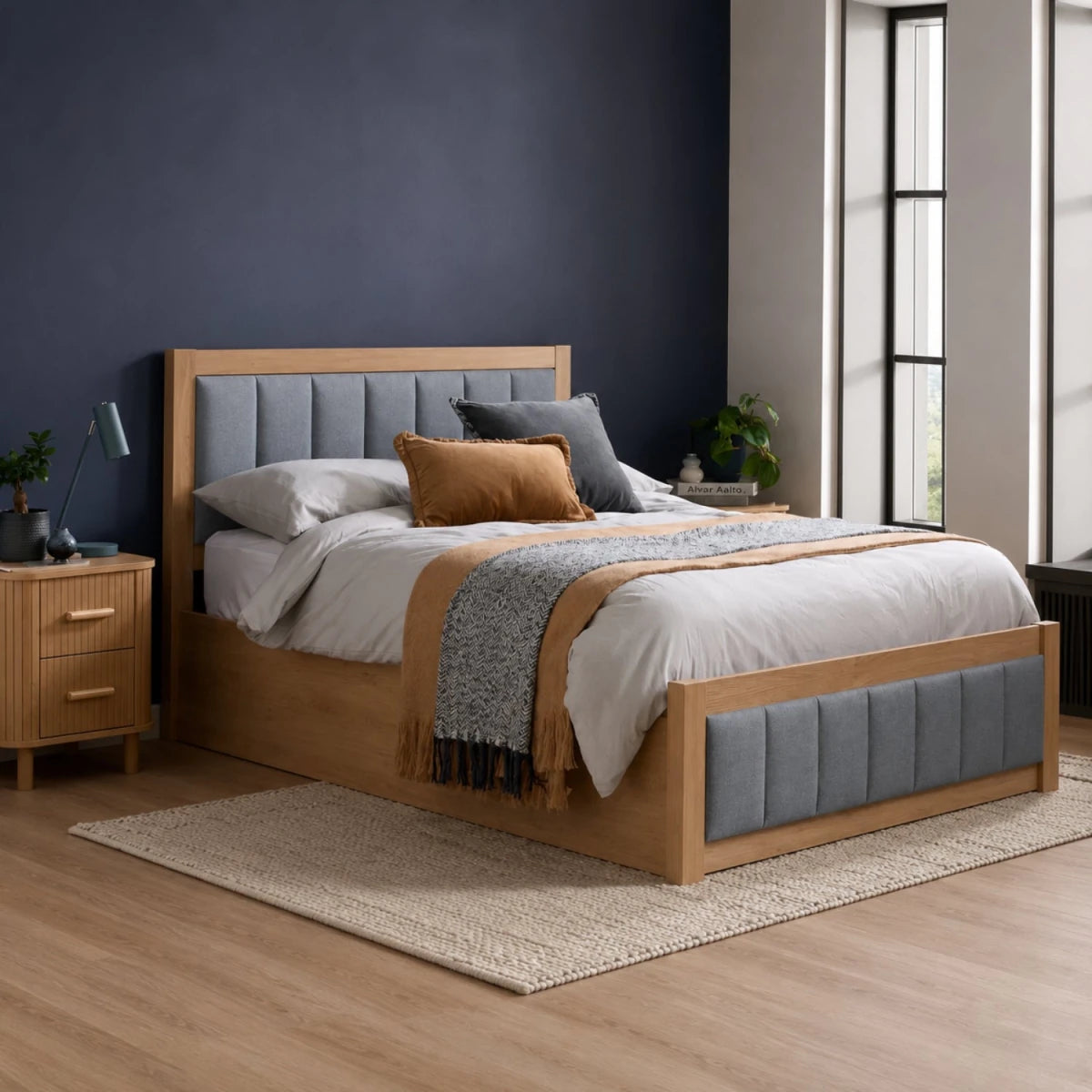 High quality wood effect bed with soft fabric panels.