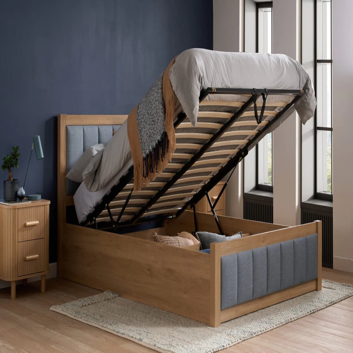 Smooth lift ottoman storage with spacious hidden compartment.