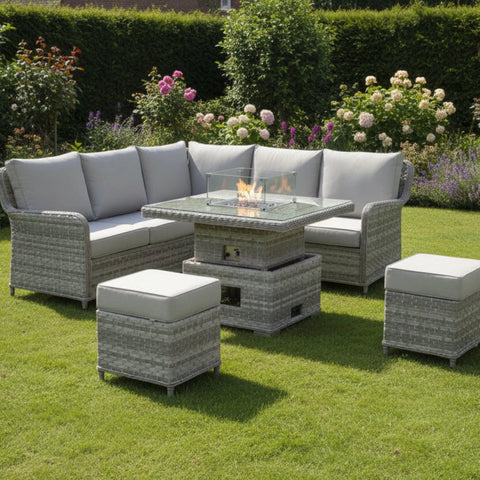 Contemporary outdoor corner seating set with fire feature.