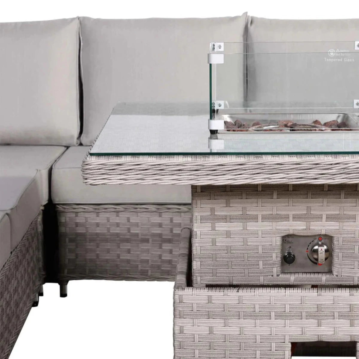 Integrated firepit table for outdoor dining and relaxation.